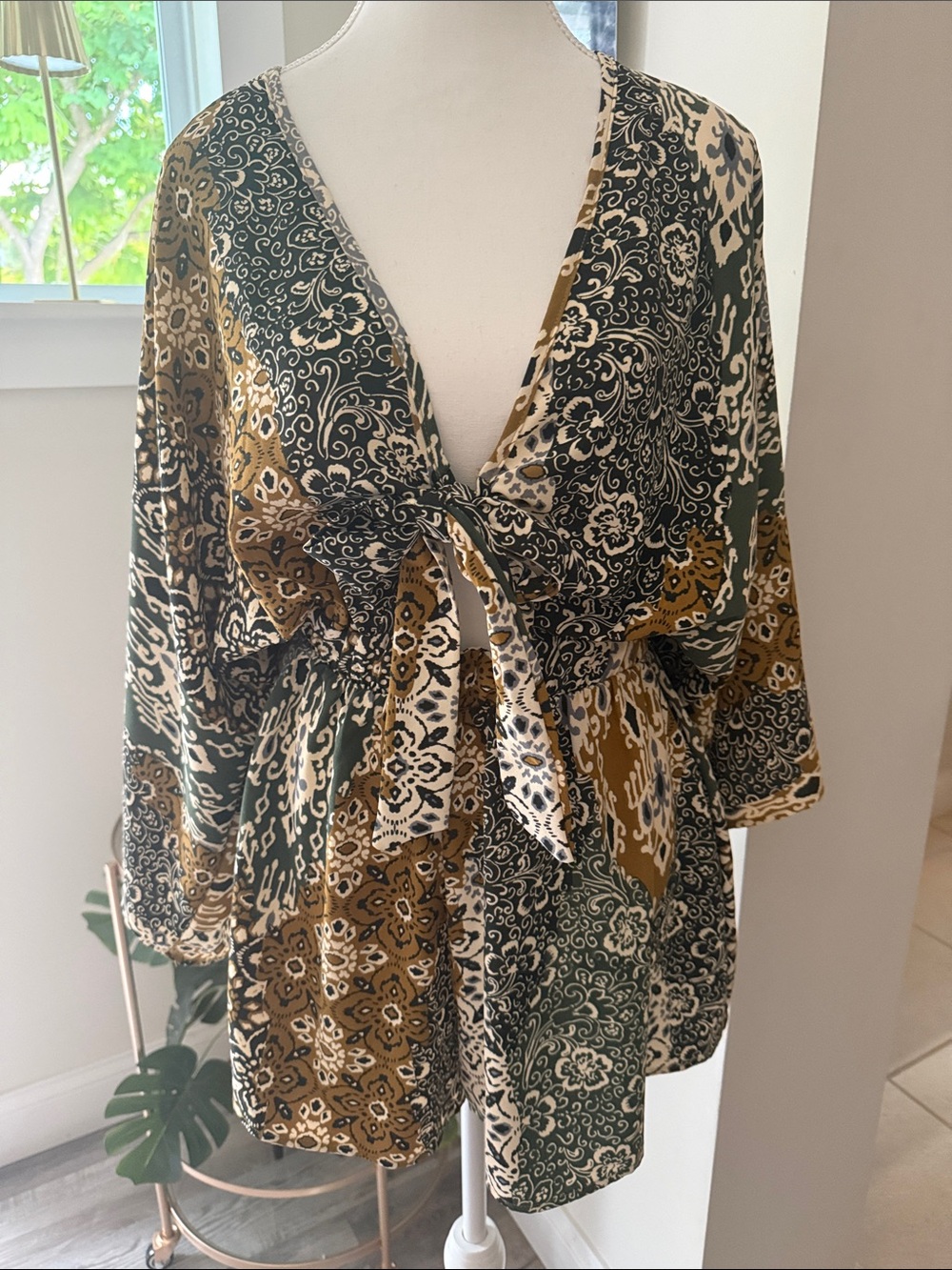 Boho Tie-Front Romper in Olive & Mustard Patchwork